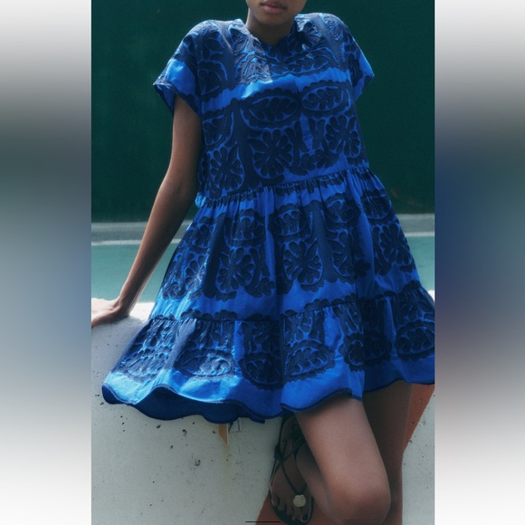 Zara SHORT EMBROIDERED DRESS. Bluish. Sizes M, L. New with Tags. - Picture 2 of 7
